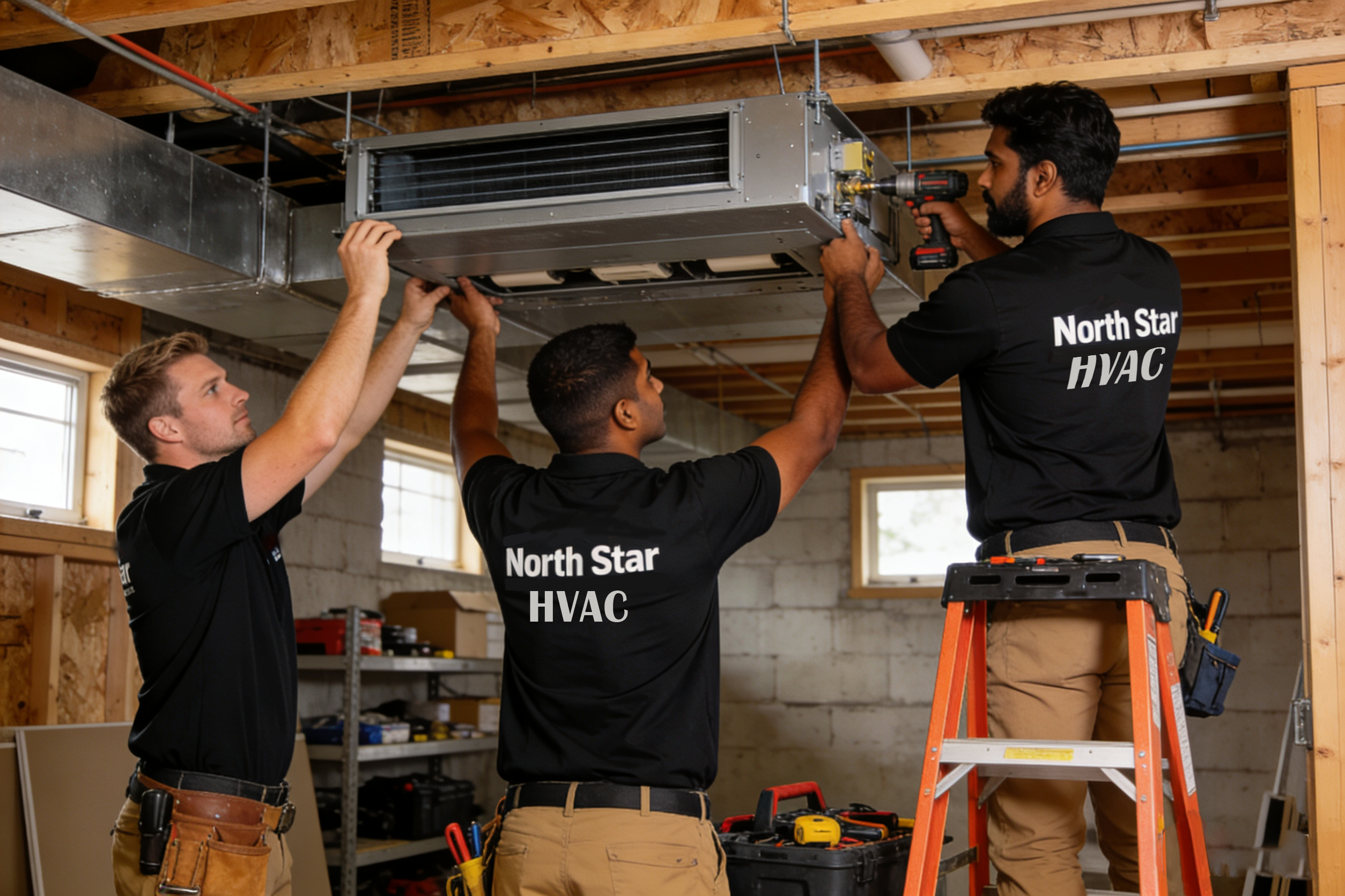 HVAC technician installing air conditioning and heating system at a residential home in Long Island, New York